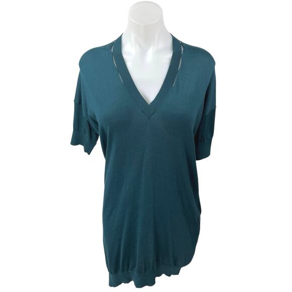 Stella McCartney Green Silk Short Sleeve V-Neck Knit Mini Tunic Shirt Dress 4 - Picture 1 of 5